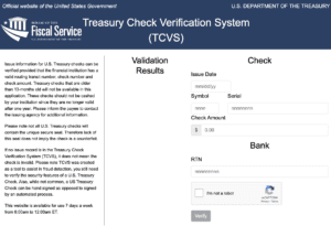 Screenshot of Treasury Check Verification System (TCVS) online form